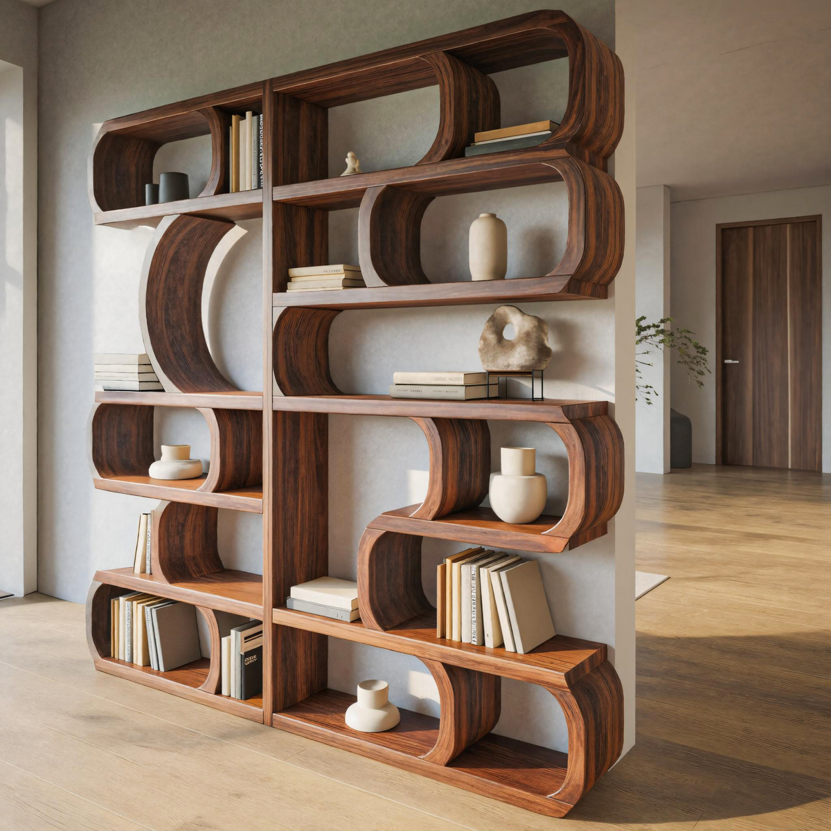 Modern Sculptural Solid Wood Bookshelf with Symmetrical Curves in Walnut finish