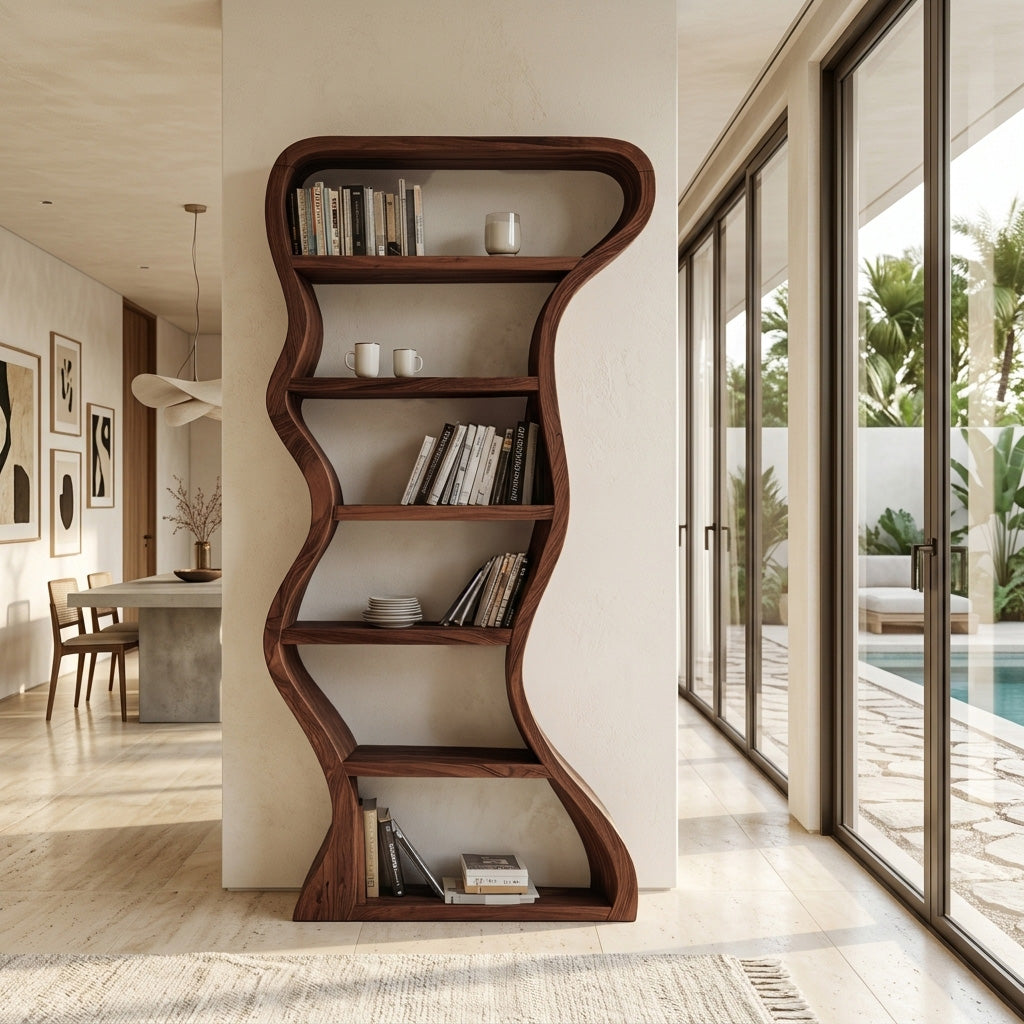 Tall Wavy Solid Wood Bookshelf with Organic Sculpted Sides in Walnut finish