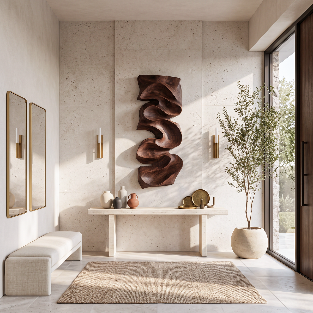 Carved Solid Wood Wall Art Panel with Cascading Curves in Walnut finish