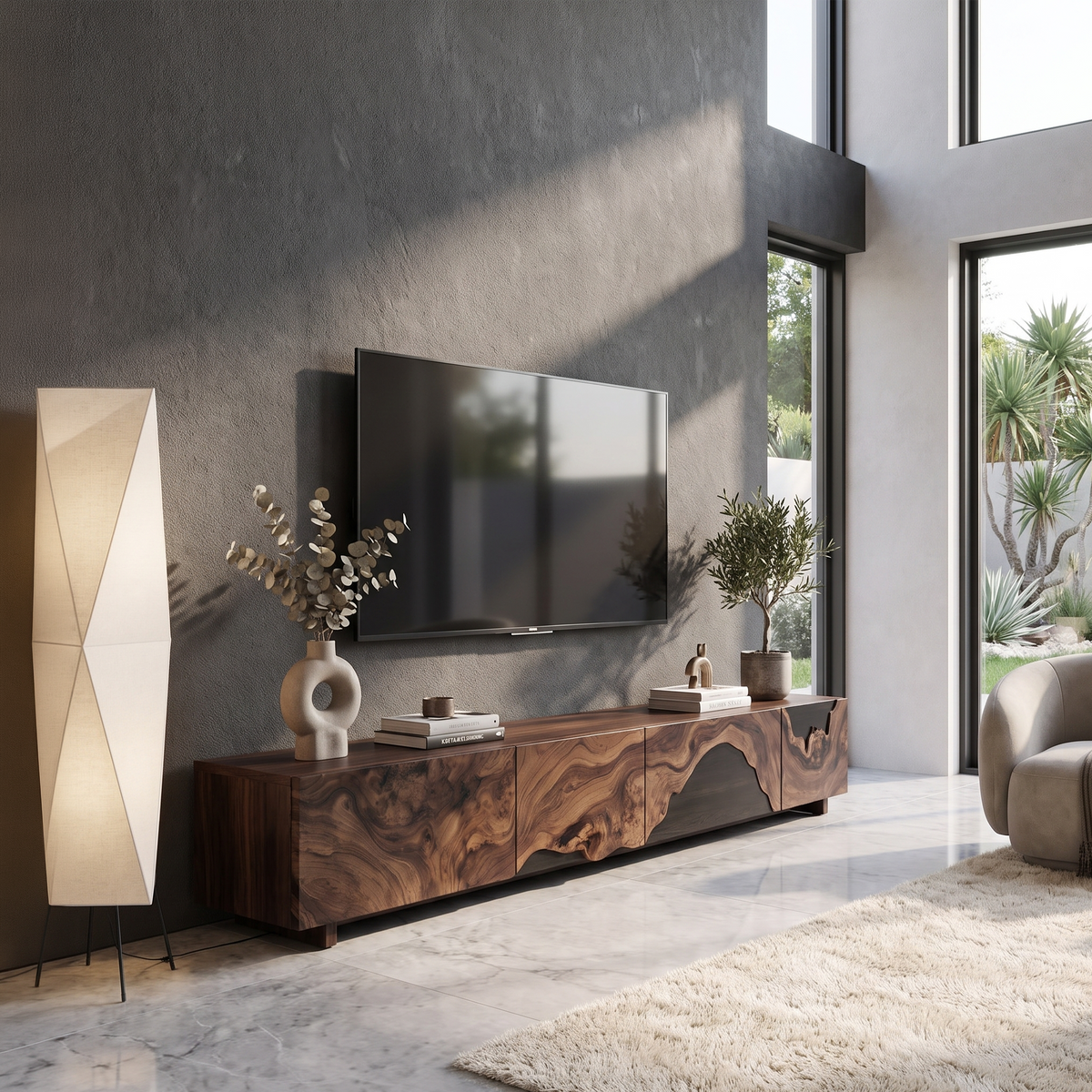 Floating Live Edge TV Console with Open Shelving in Walnut finish
