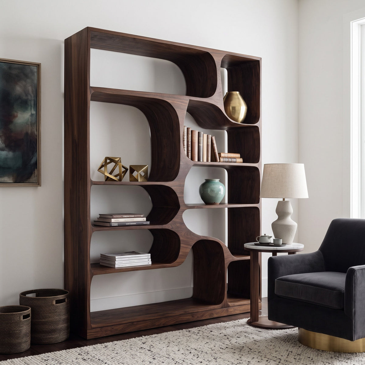 Sculptural Solid Wood Bookcase with Curved Asymmetric Compartments in Walnut finish