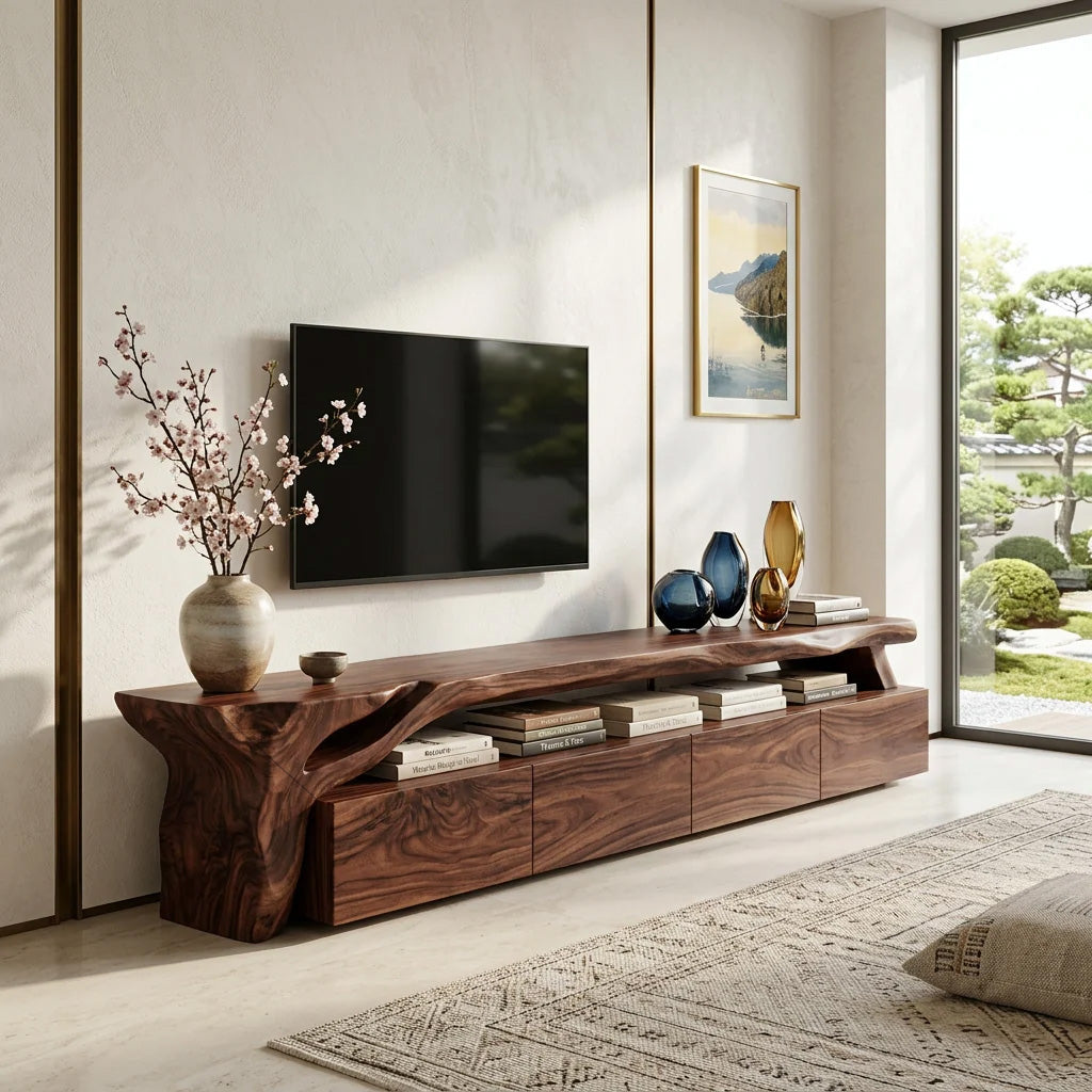Live Edge Solid Wood TV Stand with Drawers and Open Shelves in Walnut finish