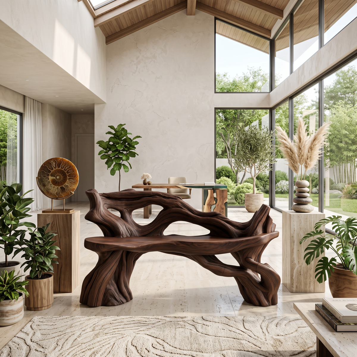 Hand Carved Solid Wood Branch Bench for Garden and Entry in Walnut finish