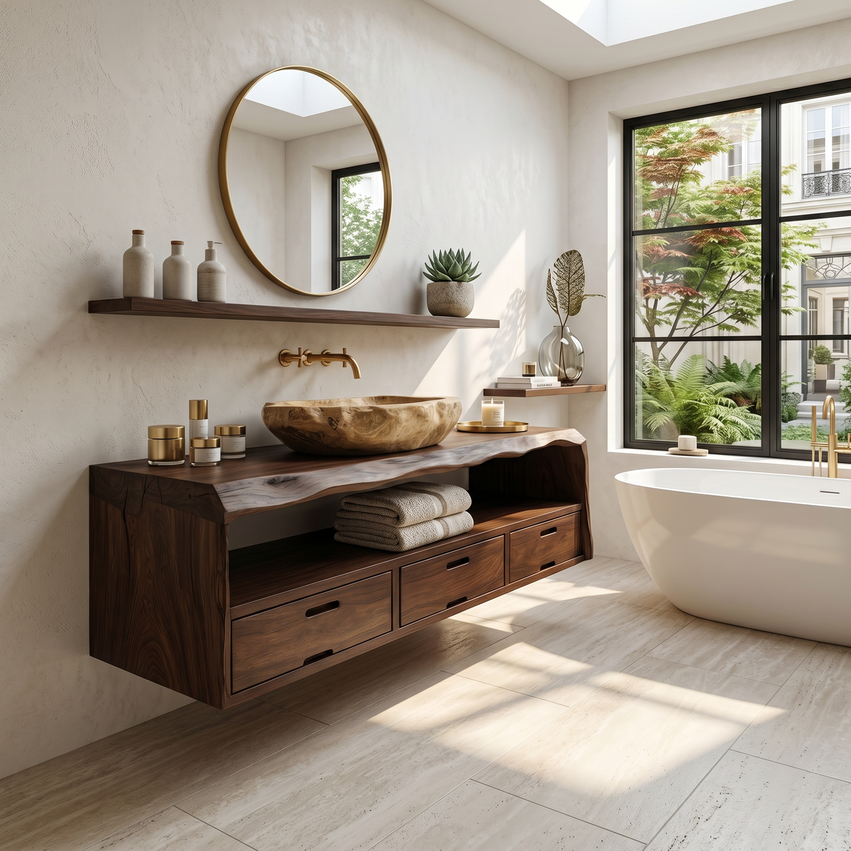 Farmhouse Floating Live Edge Bathroom Vanity in Solid Wood in Walnut finish