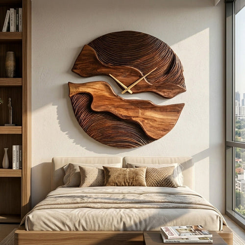 Carved Solid Wood Wall Clock with Organic Split Form - view 2
