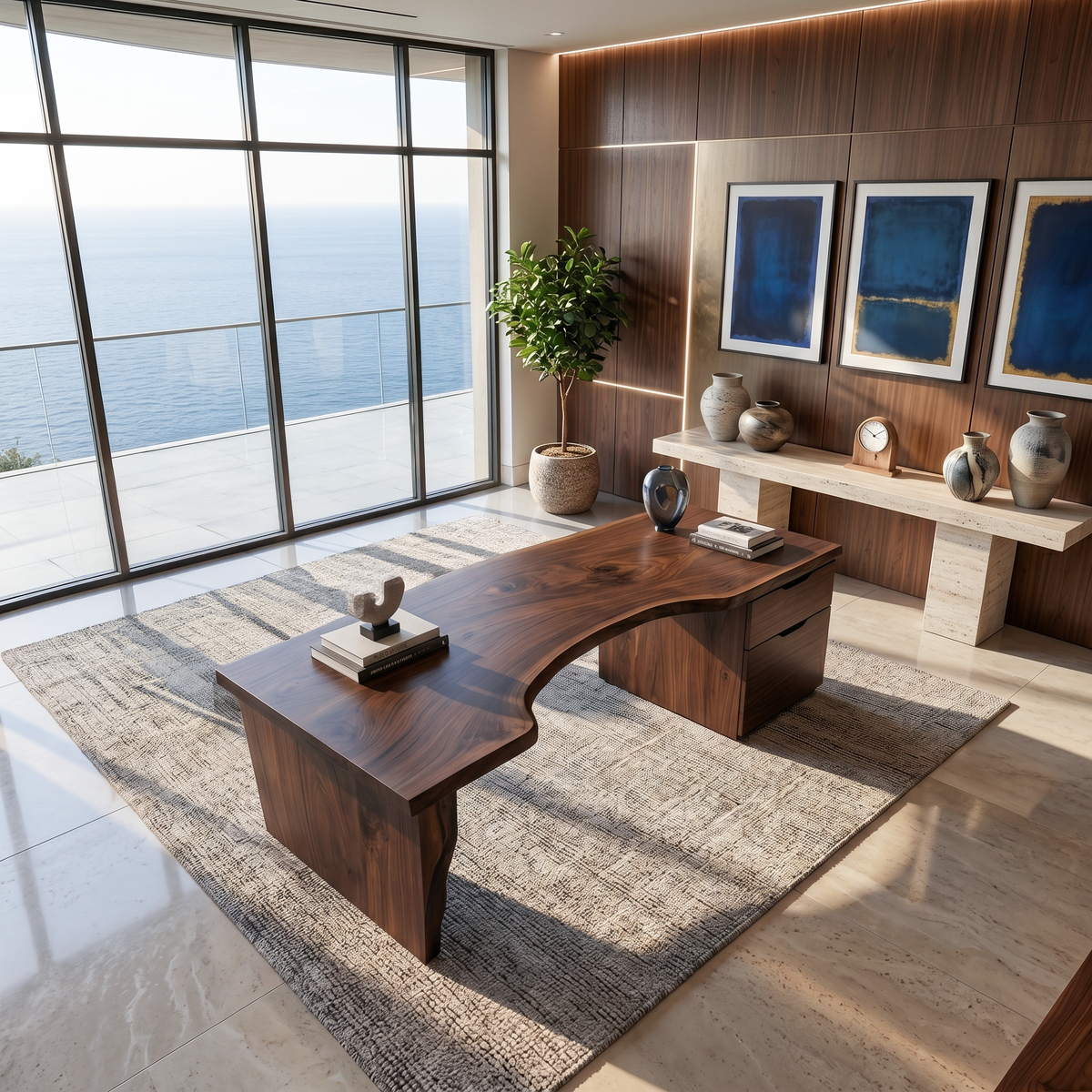 Organic Live Edge Solid Wood Desk with Built-In Drawers in Walnut finish