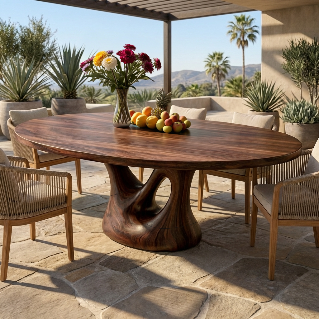 Farmhouse Solid Wood Dining Table with Sculptural Curved Pedestal in Walnut finish