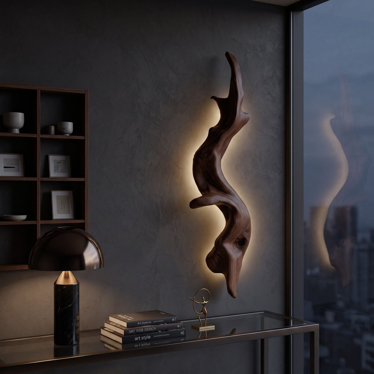 Rustic Organic Solid Wood Wall Lamp Sculpture with Ambient Glow in Walnut finish