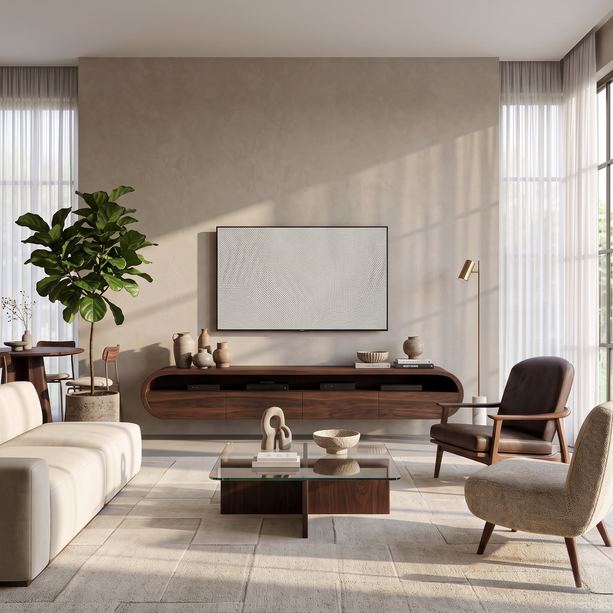 Modern Floating Solid Wood TV Console with Rounded Contours in Walnut finish