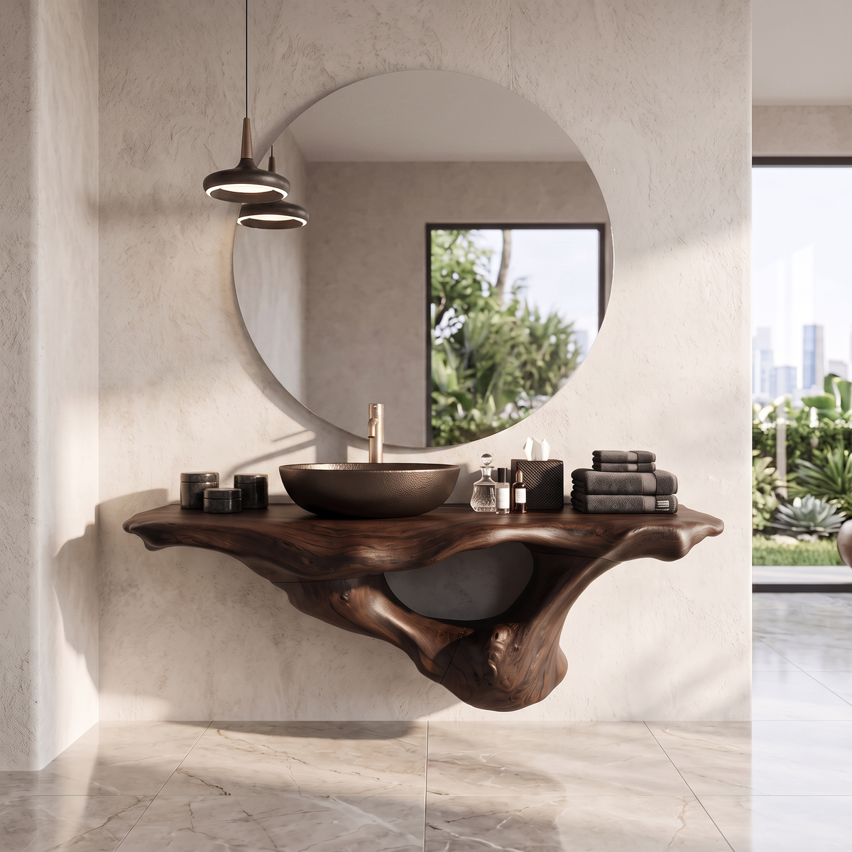Live Edge Solid Wood Bathroom Vanity Shelf with PU Finish in Walnut finish