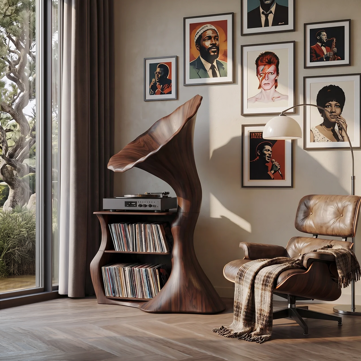 Handcrafted Hardwood Record Player Stand with Cube Storage in Walnut finish