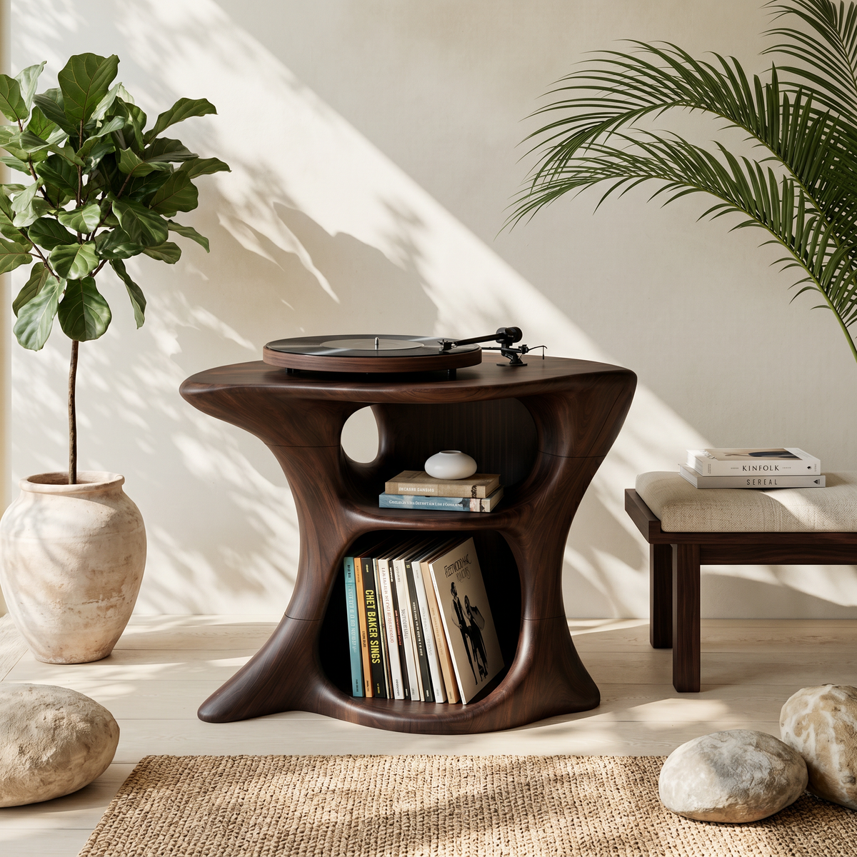 Farmhouse Solid Wood Media Stand for Vinyl and Turntable in Walnut finish