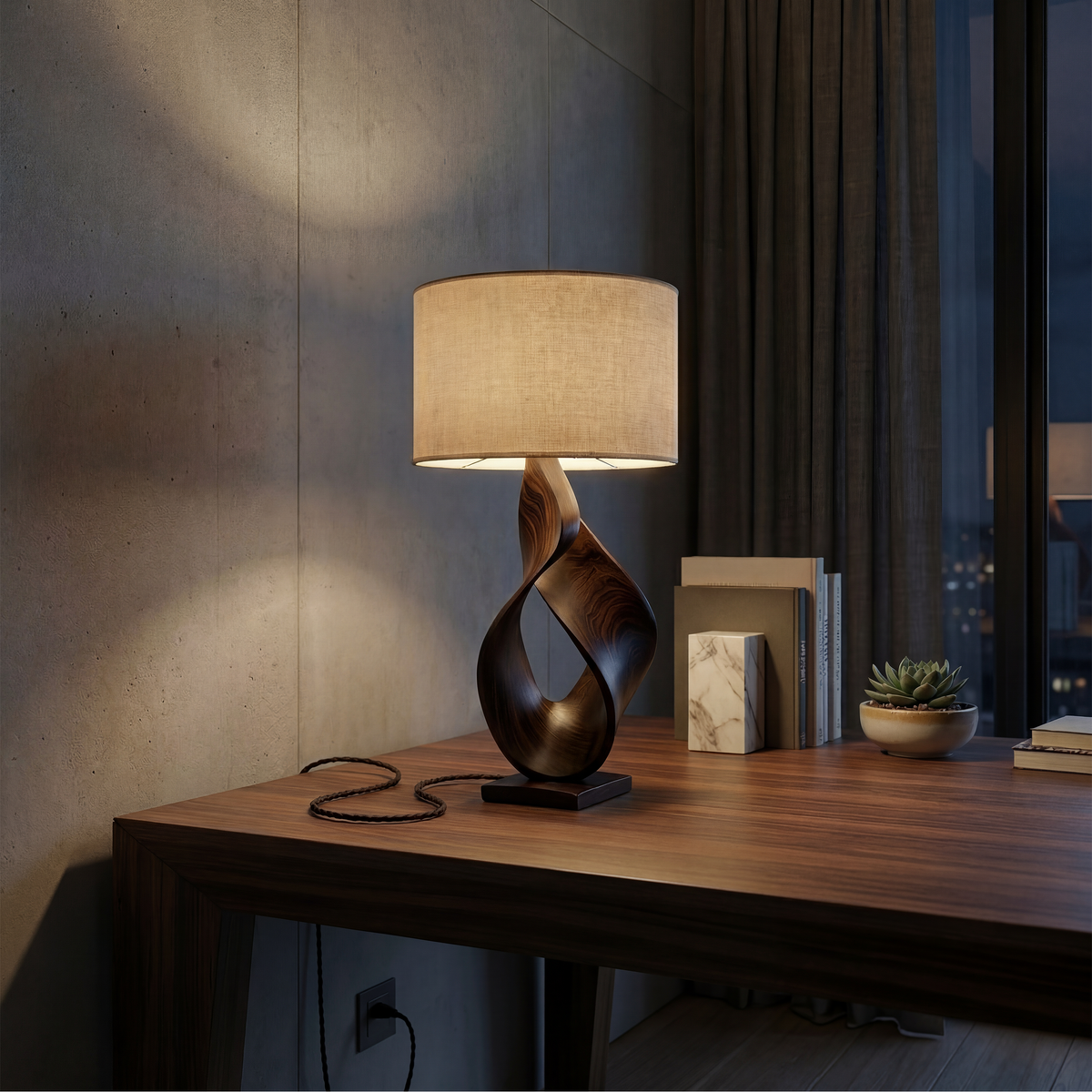 Monkey Pod Sculptural Table Lamp for Desk or Studio in Walnut finish