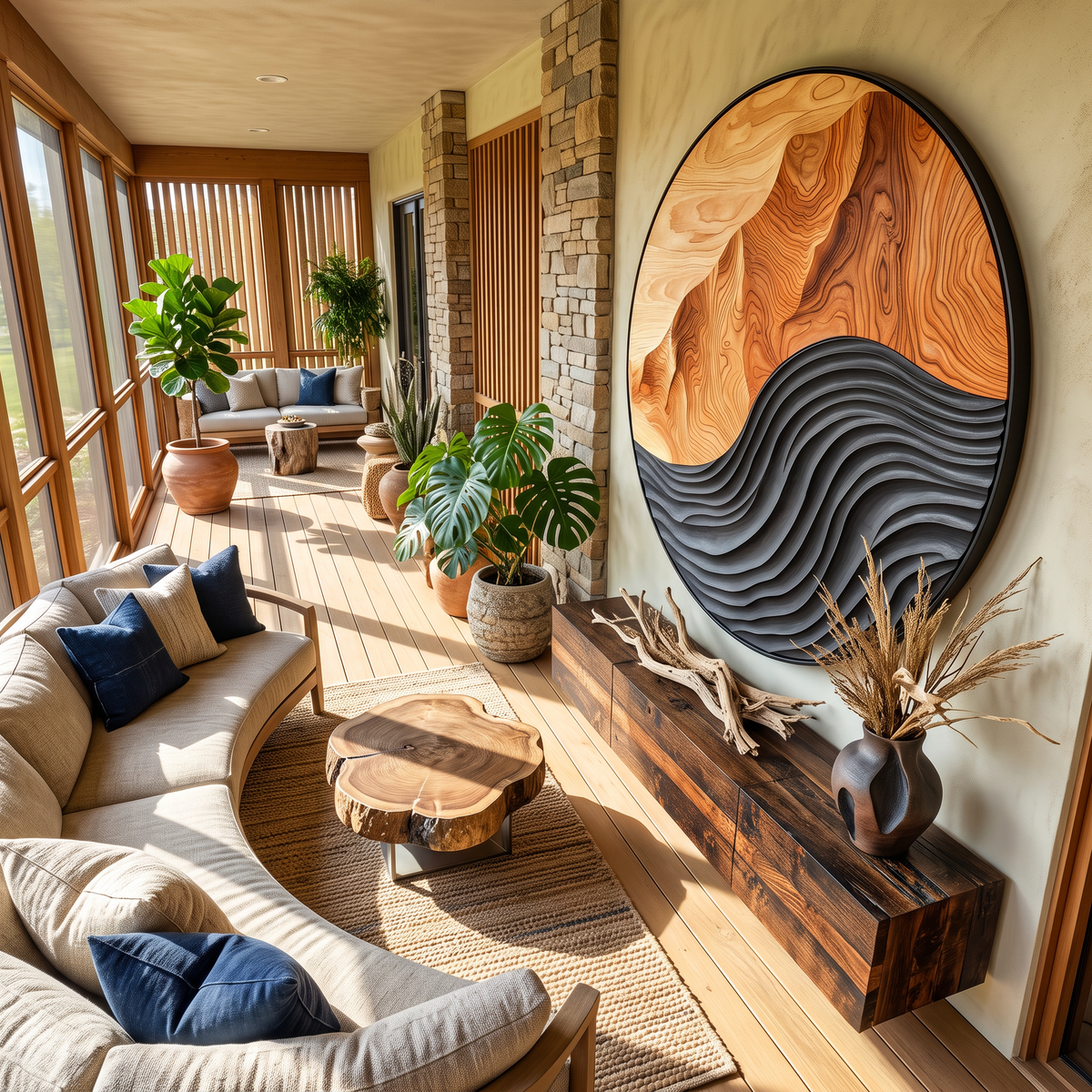 Hand-Carved Solid Hardwood Wave Wall Sculpture, Mid-Century Style - view 4