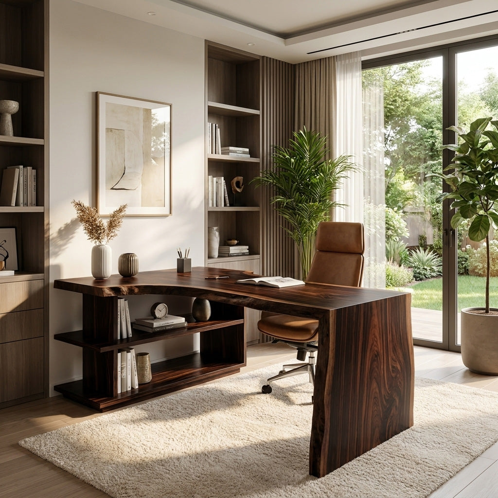 Solid Wood L-Shaped Desk with Built-In Bookshelf and Live Edge in Walnut finish