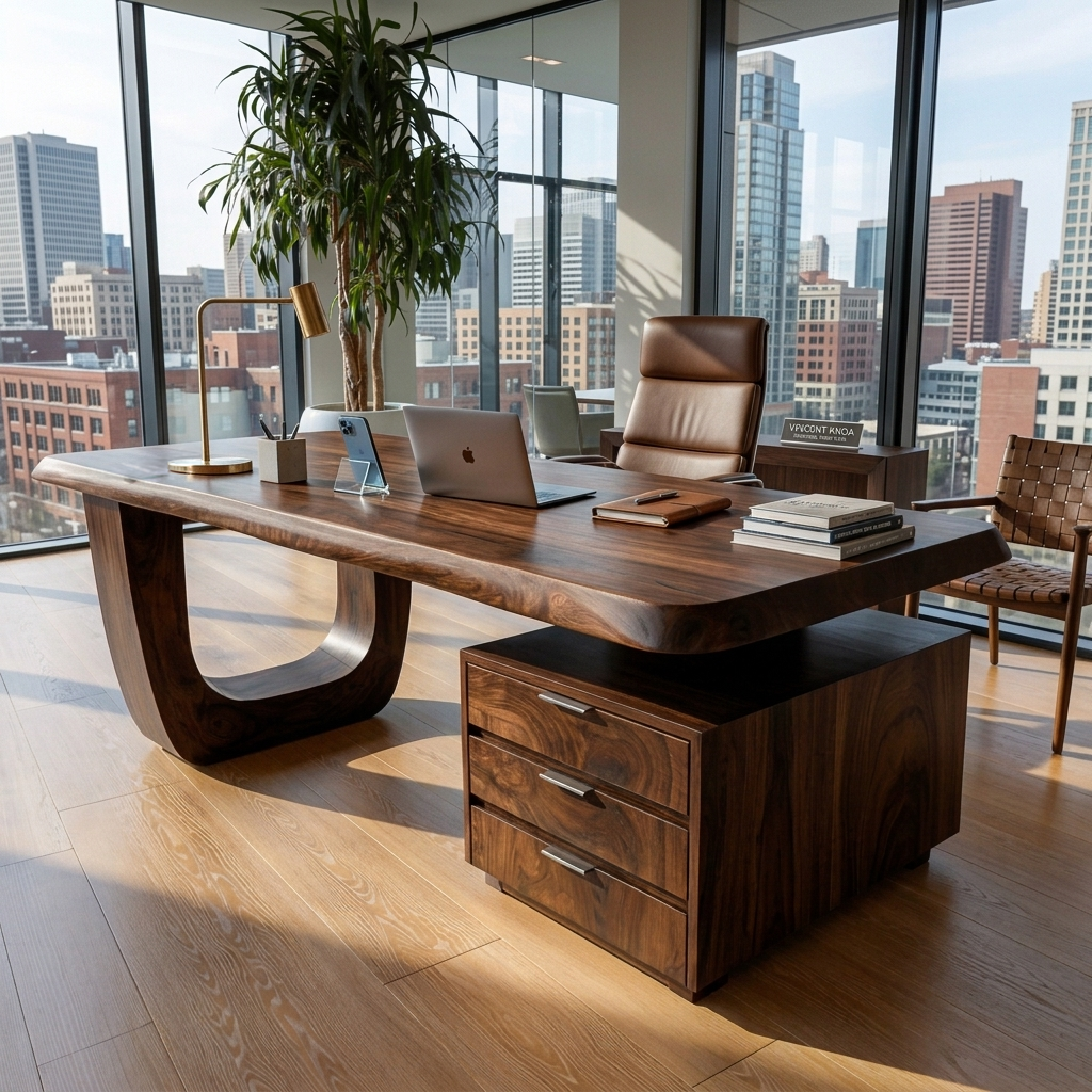 Minimalist Solid Wood Desk with Drawers and Curved Base in Walnut finish