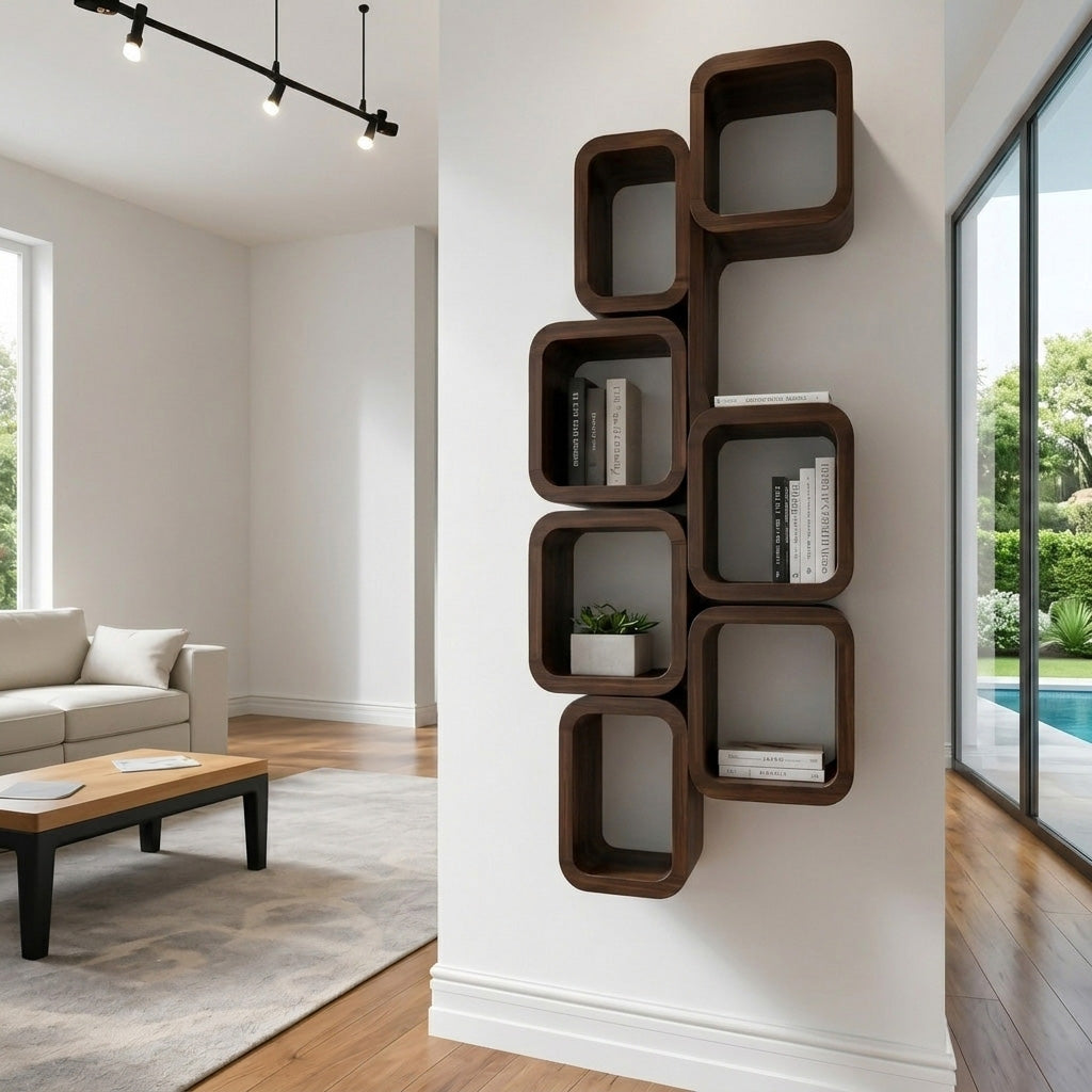 Wall-Mounted Solid Wood Bookshelf with Interlocking Squares in Walnut finish