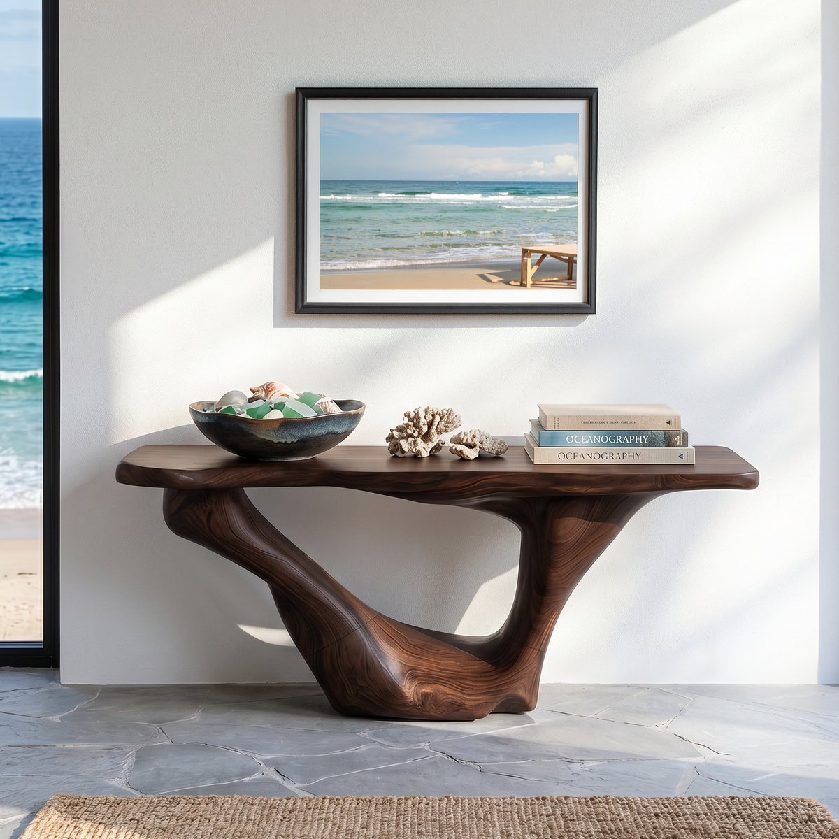 Mid-Century Solid Wood Console Accent Table with Natural Edges in Walnut finish