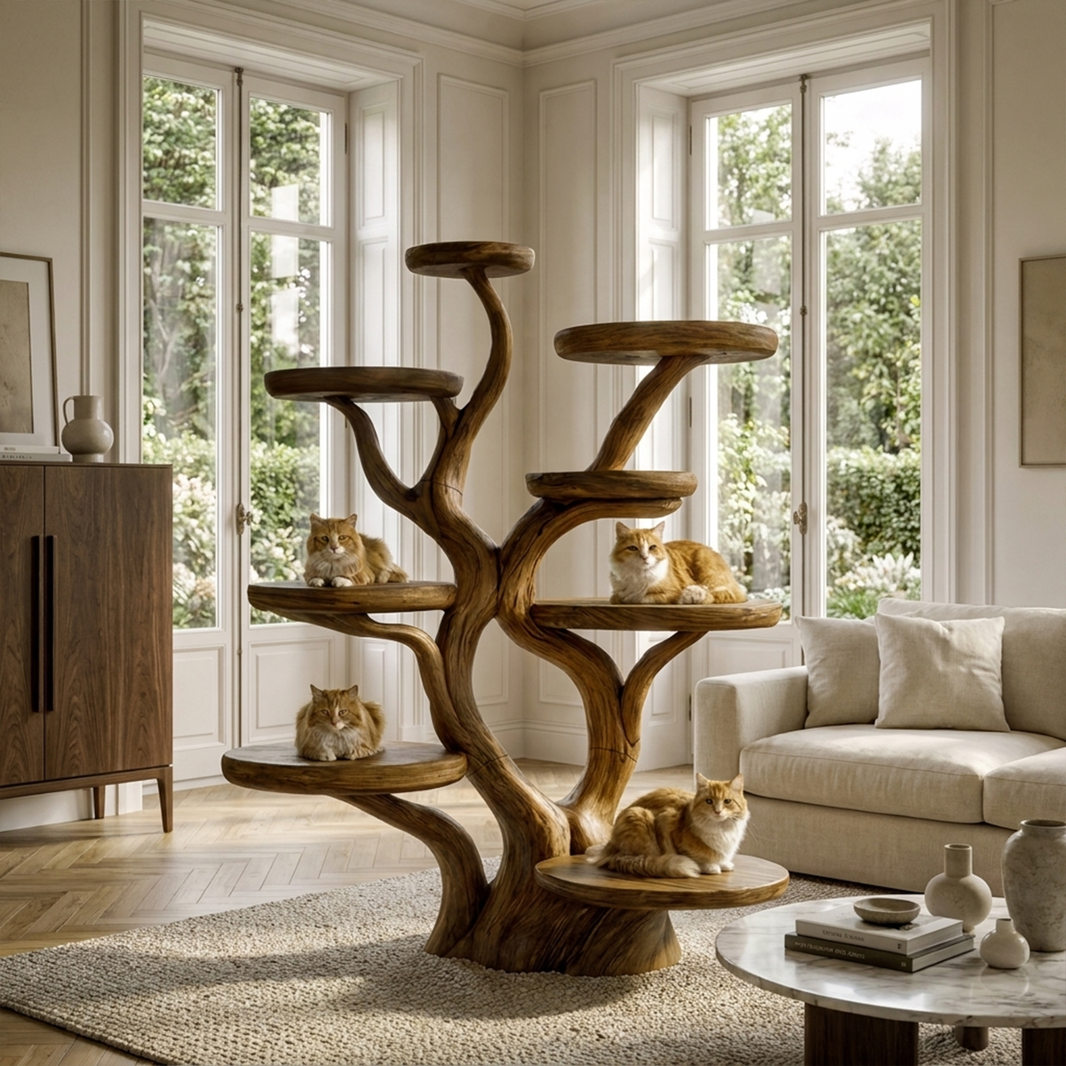 Rustic Solid Wood Cat Tree with Curved Trunk and Tiered Platforms in Brown finish