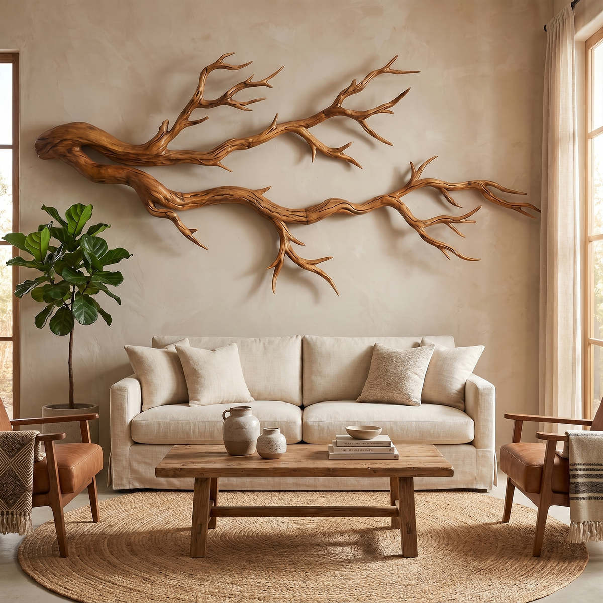 Twisted Tree Root Solid Wood Wall Sculpture, Organic Modern in Brown finish