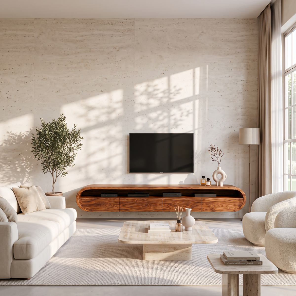 Modern Floating Solid Wood TV Console with Rounded Contours in Brown finish