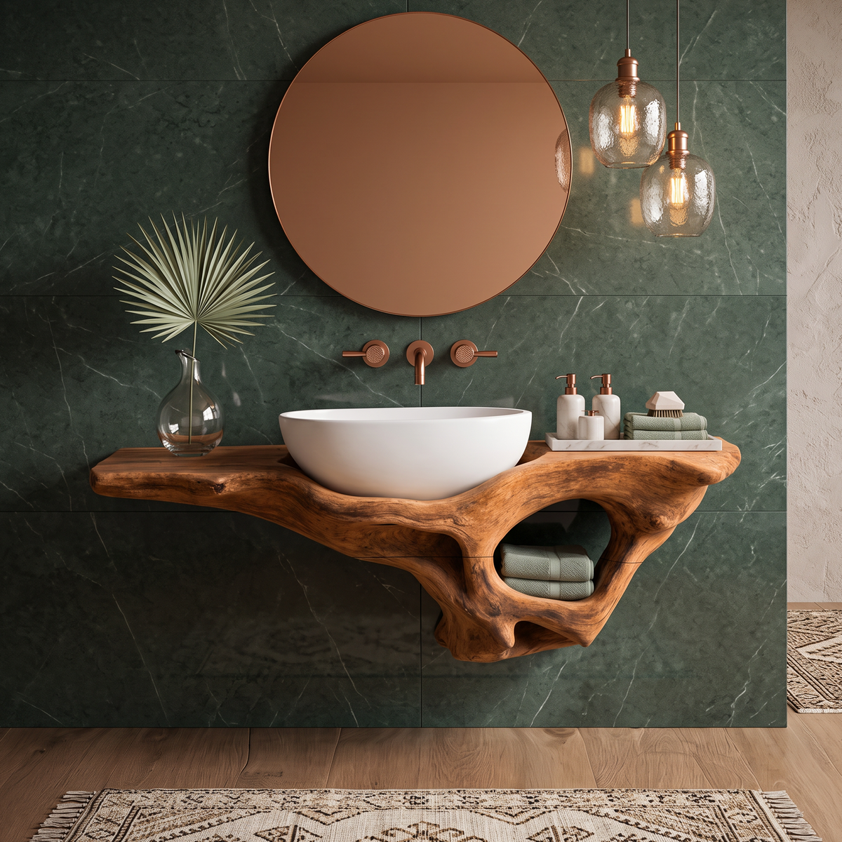 Mid-Century Live Edge Solid Wood Bathroom Vanity Shelf in Brown finish