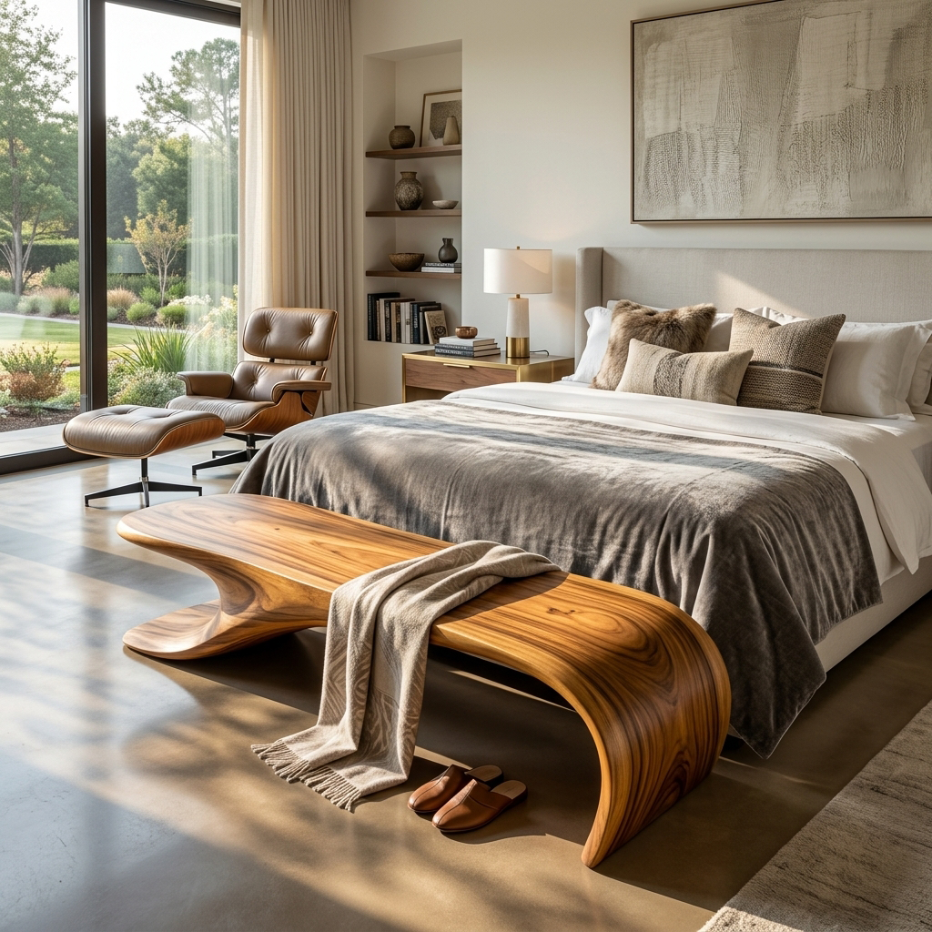 Modern Sculptural Solid Wood Bench with Flowing Curved Base in Brown finish