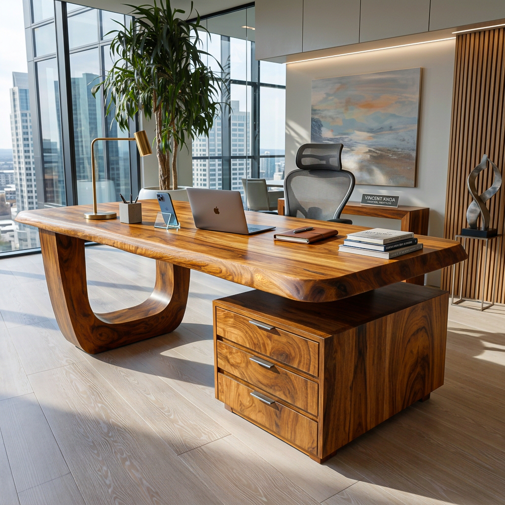Minimalist Solid Wood Desk with Drawers and Curved Base in Brown finish
