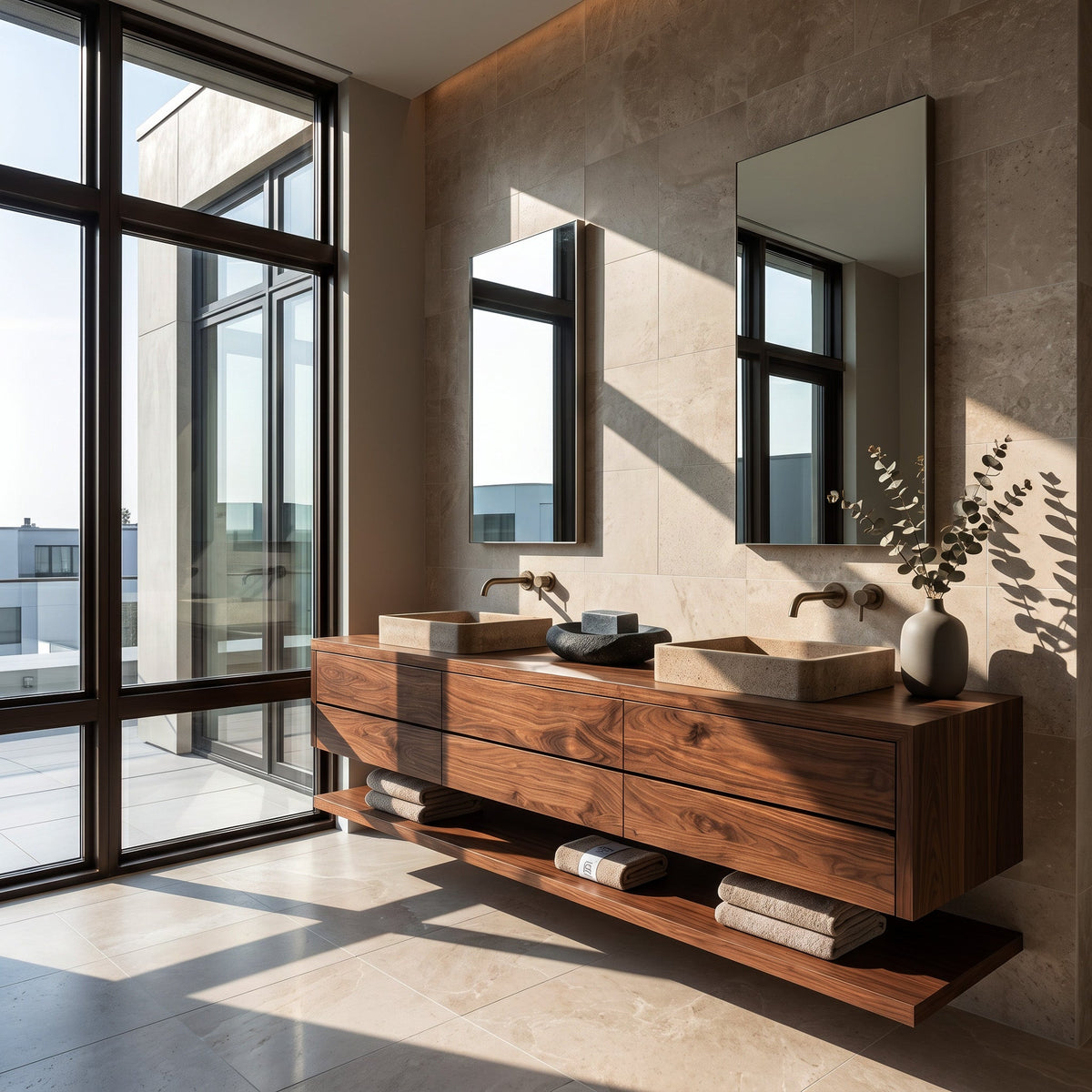 Contemporary Floating Solid Wood Bathroom Vanity with Drawers in Brown finish