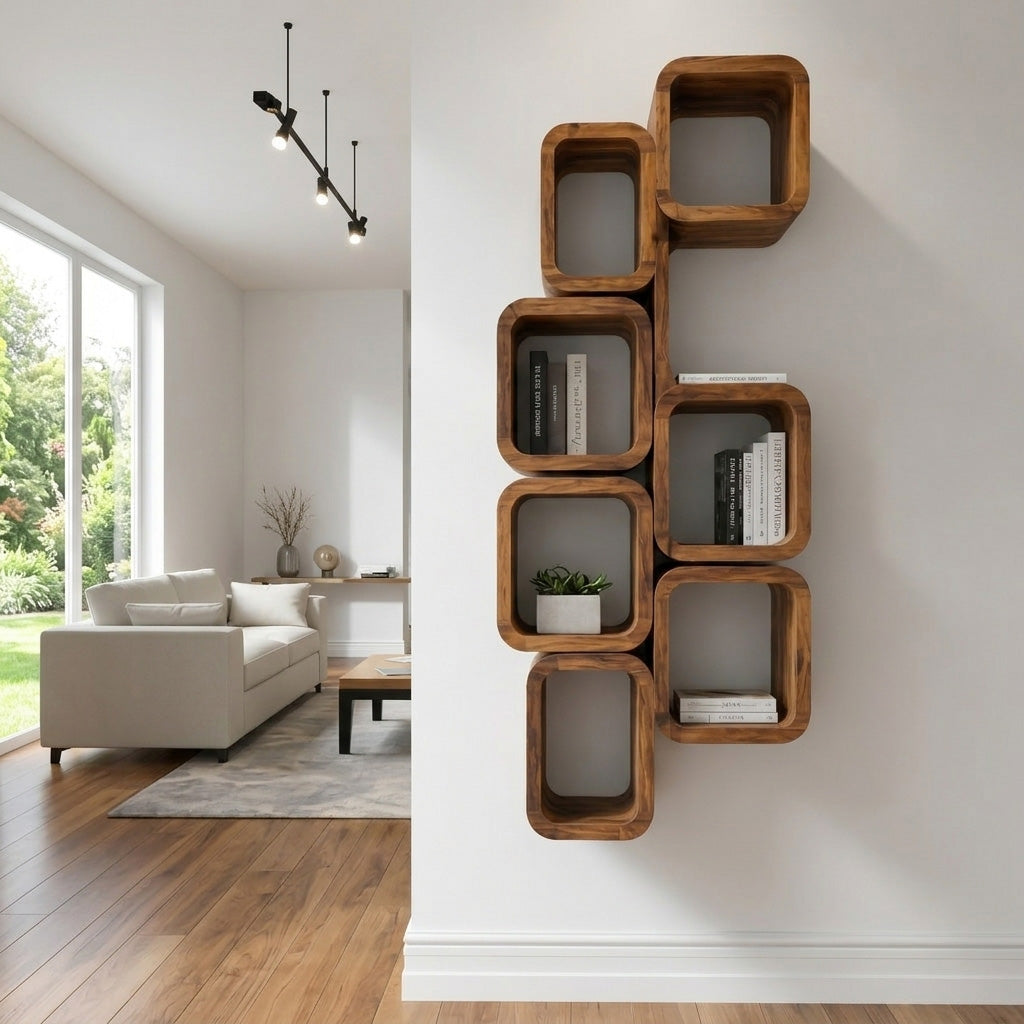 Wall-Mounted Solid Wood Bookshelf with Interlocking Squares in Brown finish