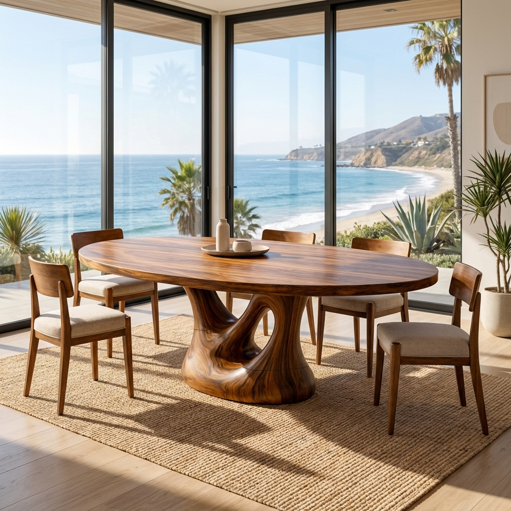 Farmhouse Solid Wood Dining Table with Sculptural Curved Pedestal in Brown finish