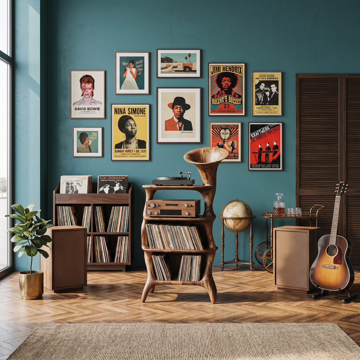 Mid-Century Solid Hardwood Vinyl Record Cabinet with Cube Profile in Brown finish
