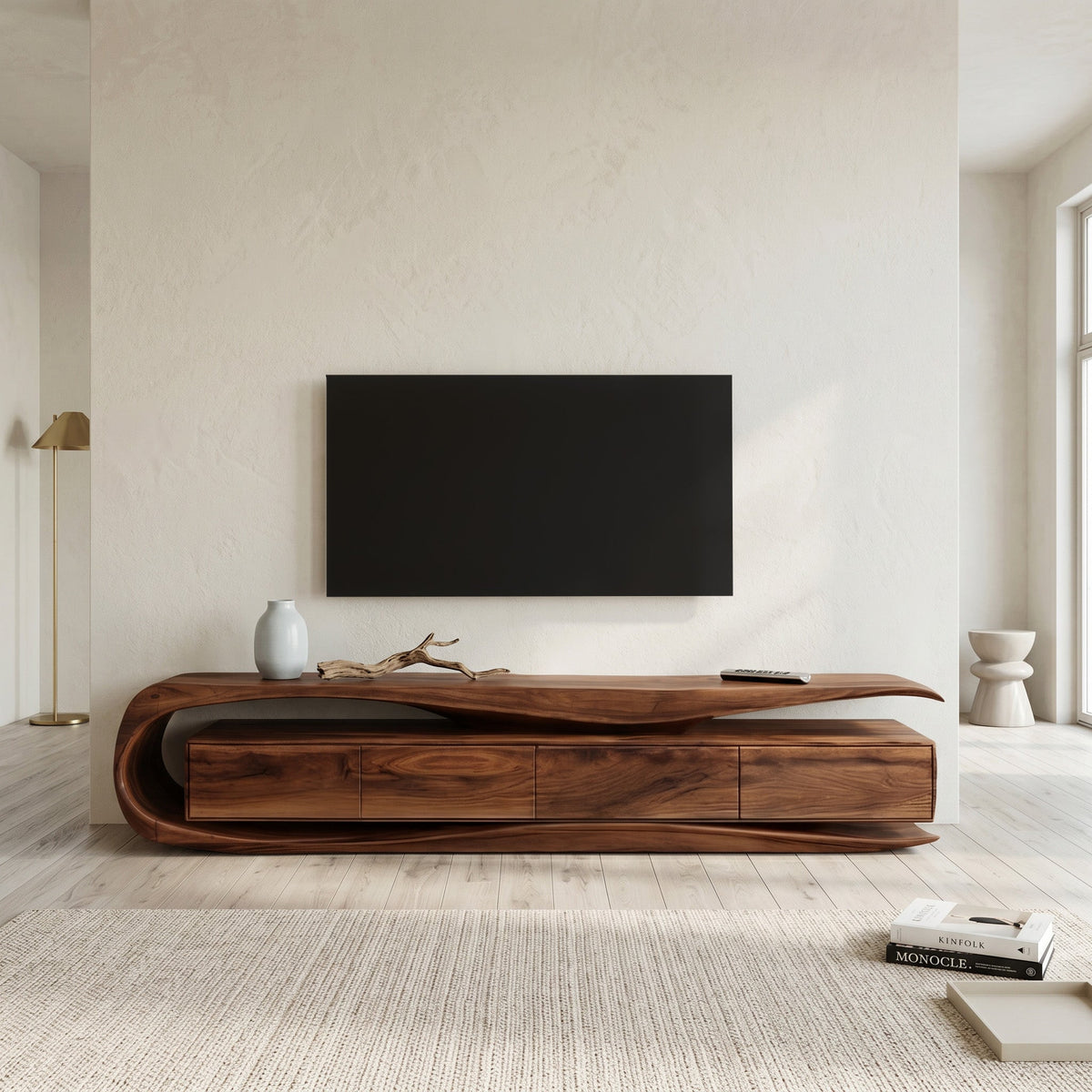 Organic Modern Solid Wood TV Console with Floating Look in Brown finish