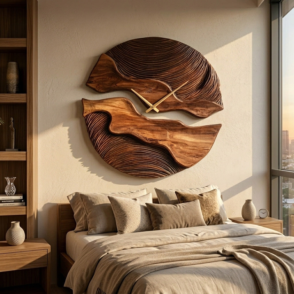 Carved Solid Wood Wall Clock with Organic Split Form - view 6