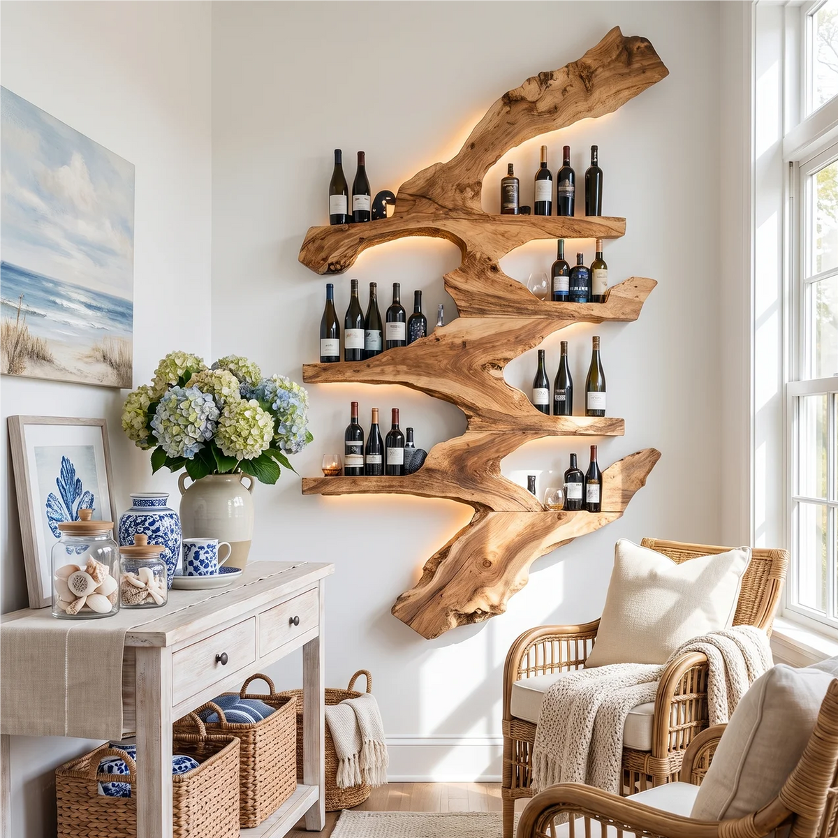 Handcrafted Wood Wine Bottle Rack Stand for Kitchen in Brown finish