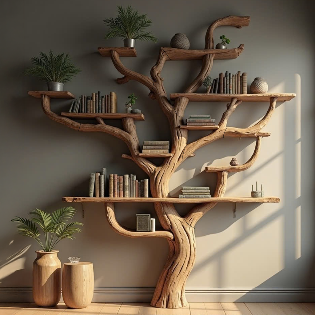 Wall Mounted Tree Branch Corner Bookshelf in Natural Wood - view 3