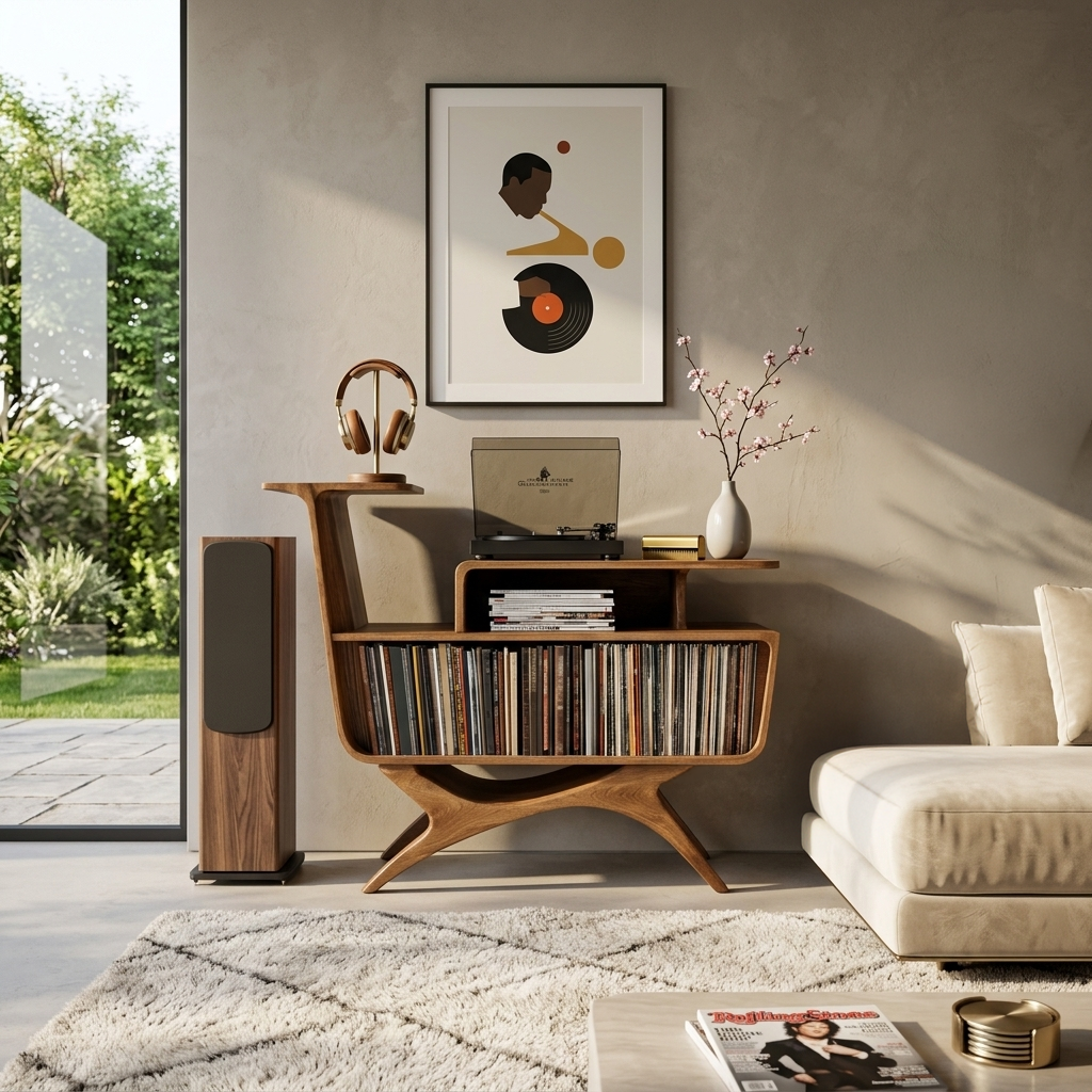 Modern Open Frame Solid Wood Record Player Stand with Vinyl Storage in Brown finish