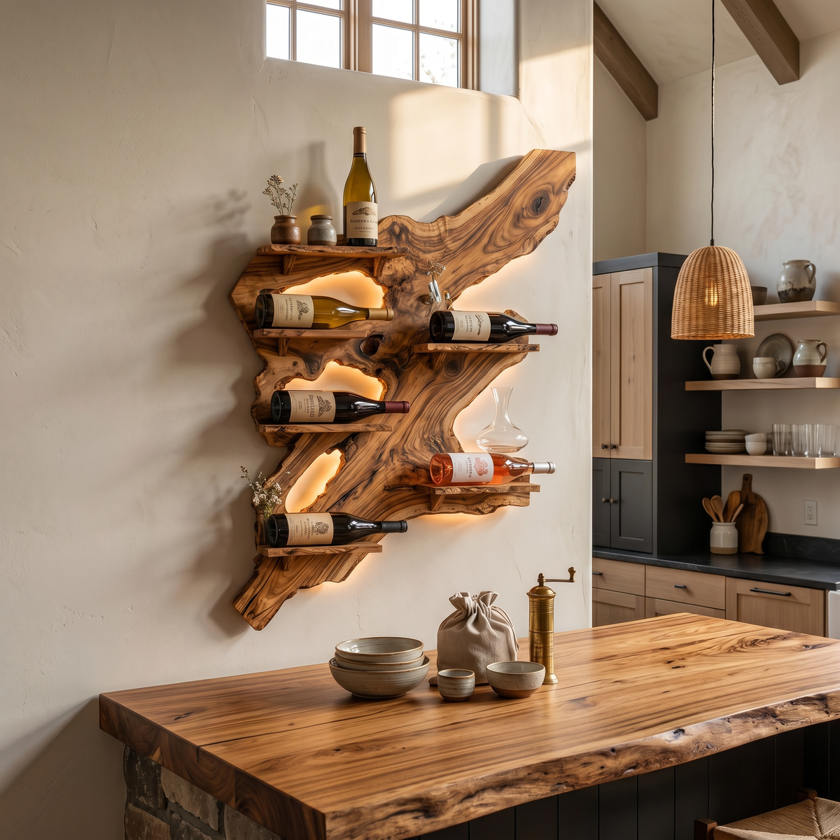 Rustic Monkey Pod Wood Wall Wine Rack for Home Bar in Brown finish