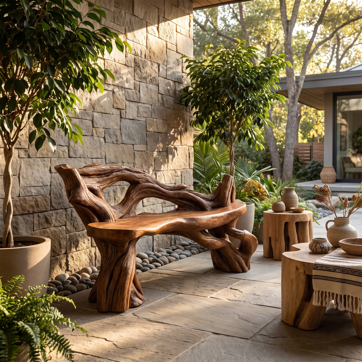 Hand Carved Solid Wood Branch Bench for Garden and Entry in Brown finish
