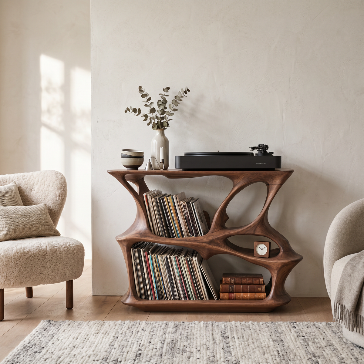 Mid-Century Record Player Stand and Vinyl Storage Console in Brown finish