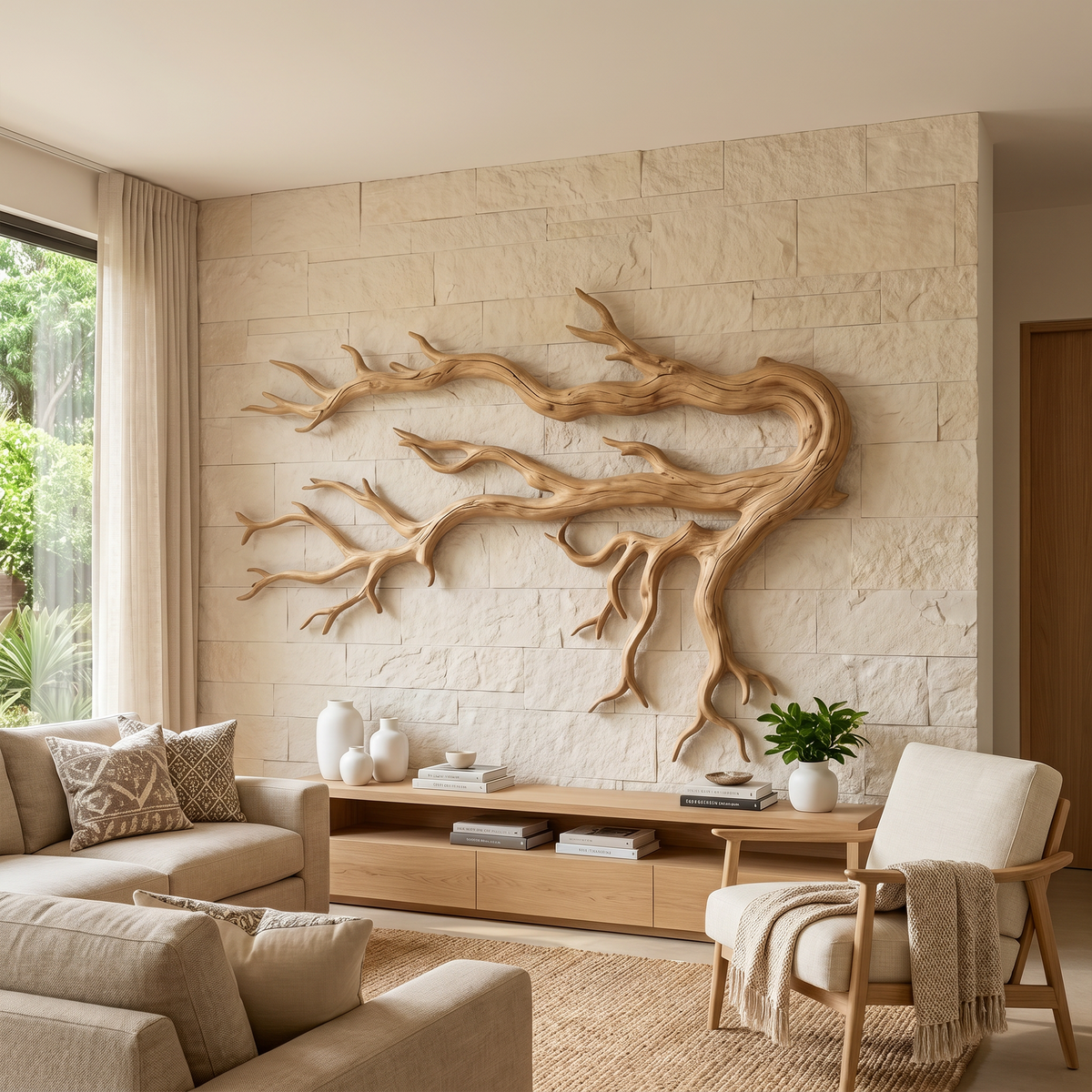 Driftwood Root Sculptural Wall Art in Solid Natural Wood in Oak finish