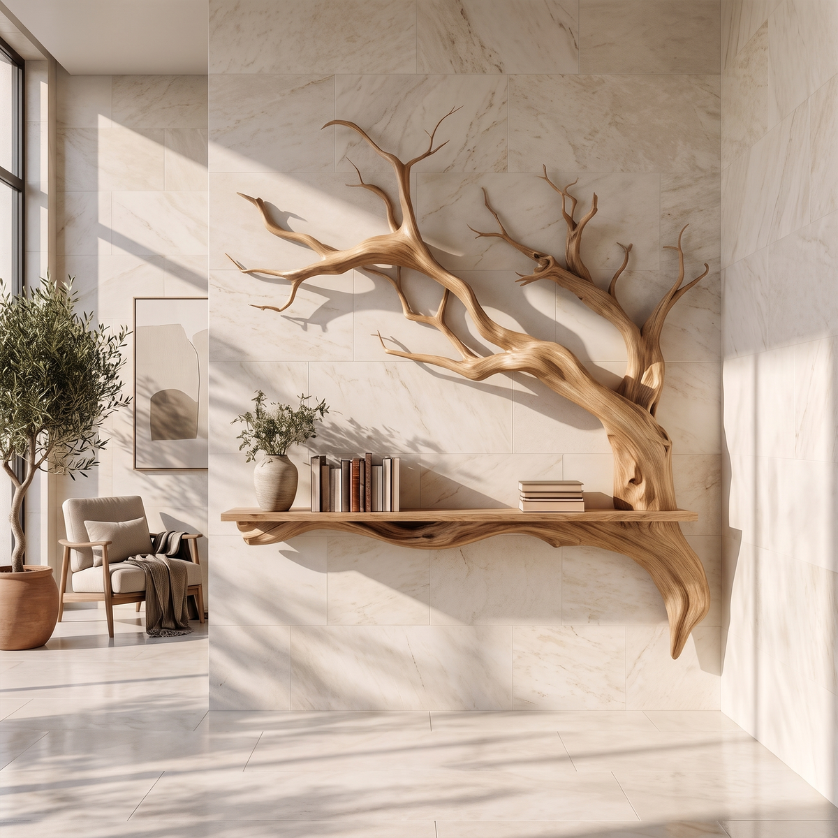 Rustic Solid Wood Slab Wall Shelf with Tree Branch Accent in Oak finish