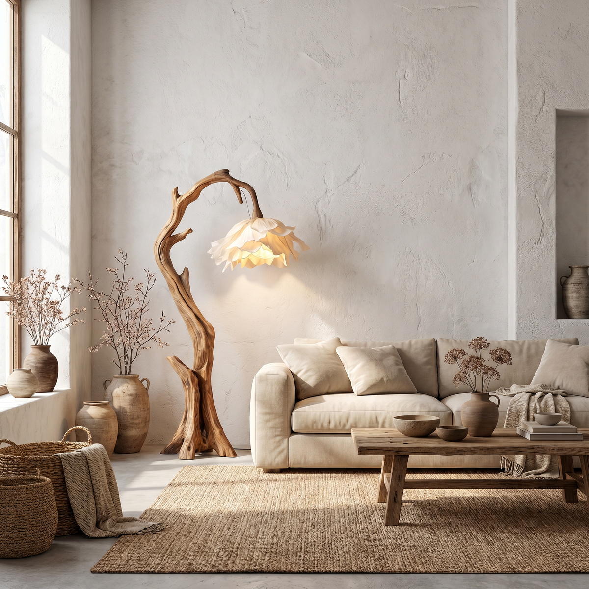 Flower Floor Lamp with Handcrafted Solid Wood Base in Oak finish