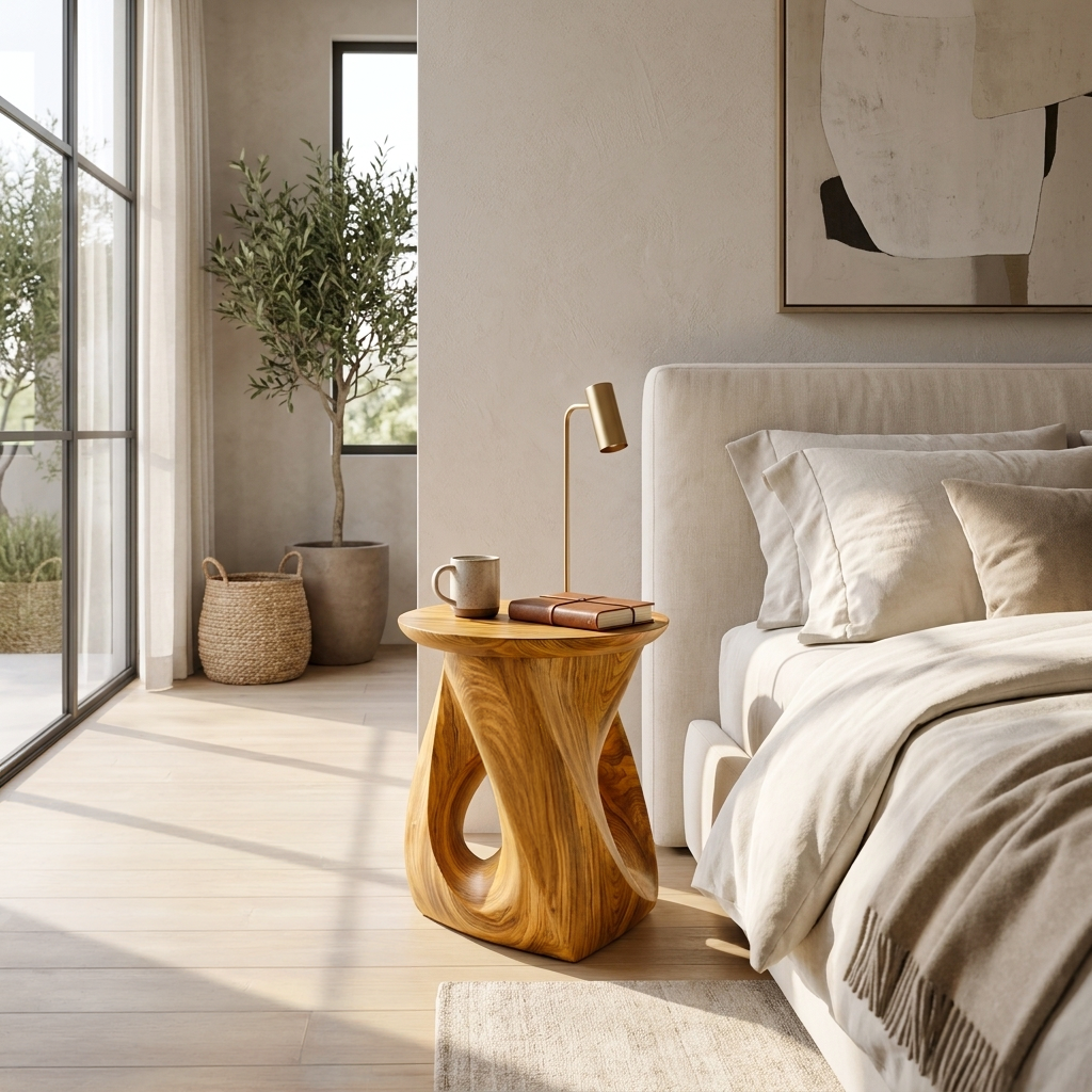 Twisted Sculptural Solid Wood Side Table for Living Room or Bedroom in Oak finish