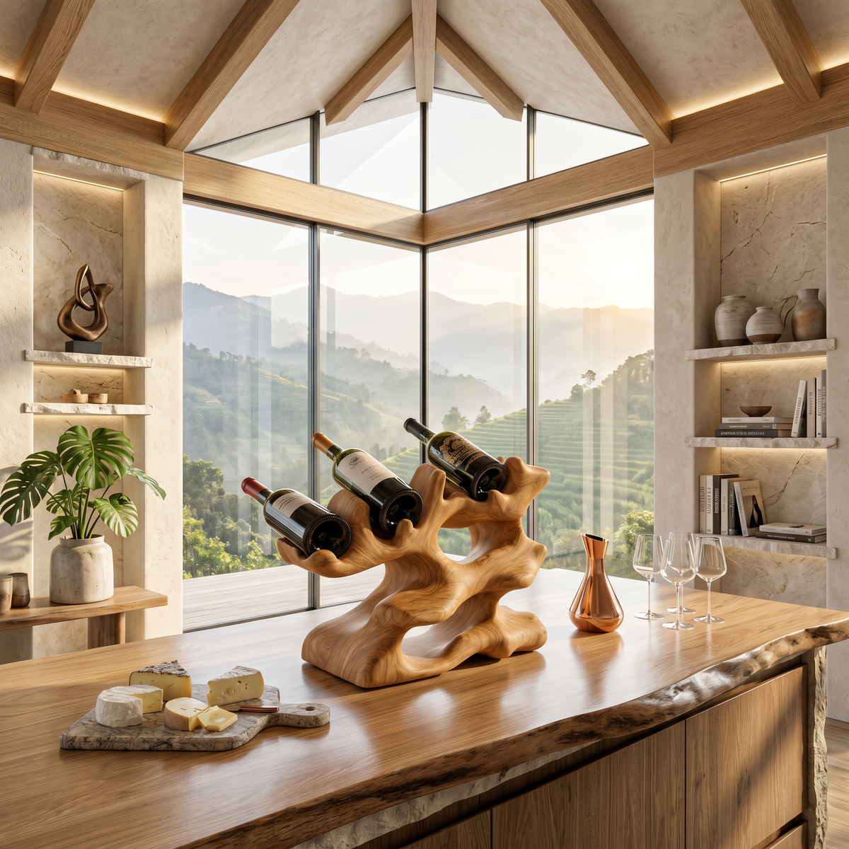 Rustic Monkeypod Wood Countertop Wine Rack for Kitchen Islands in Oak finish