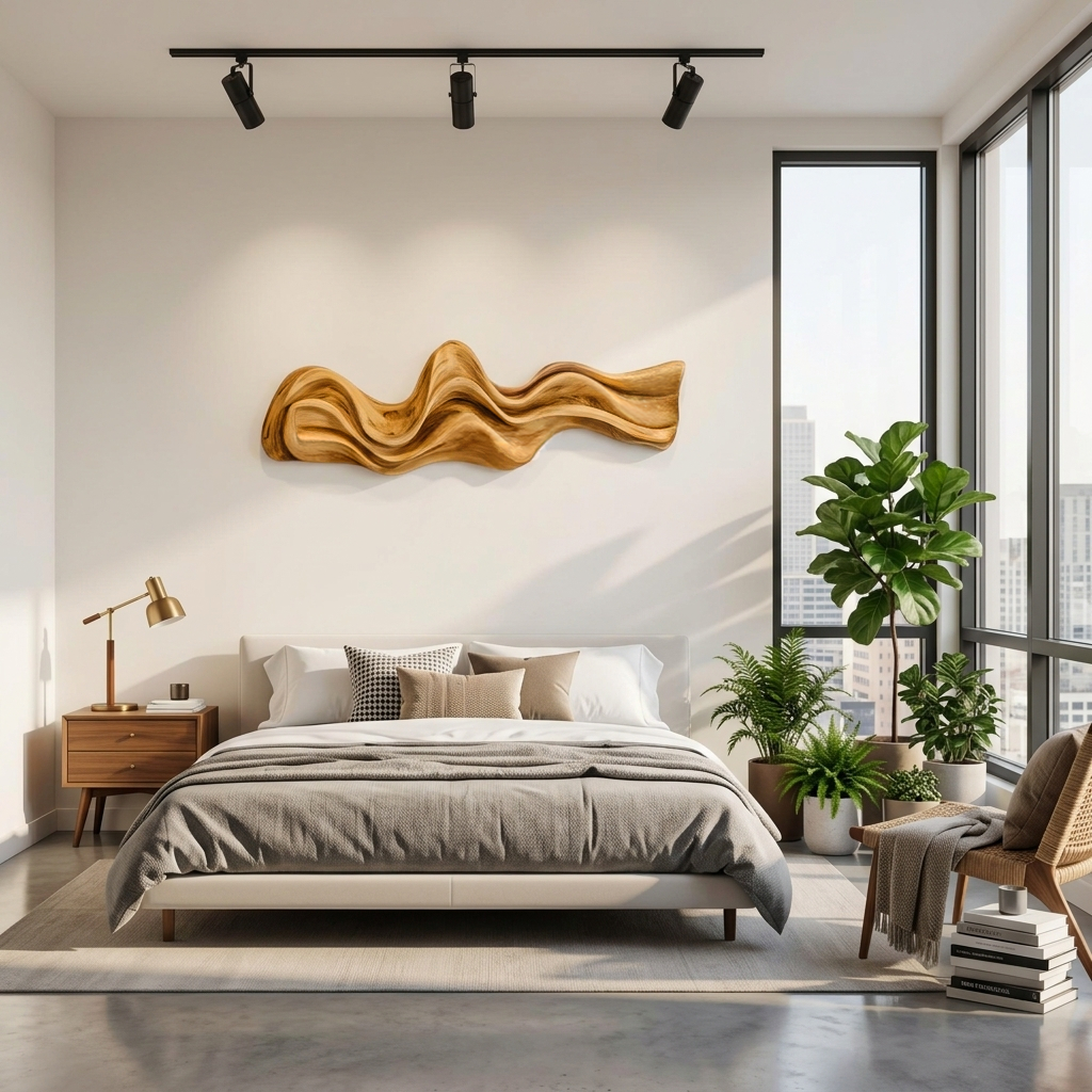 Large Wavy Solid Wood Wall Art Sculpture for Living Room in Oak finish
