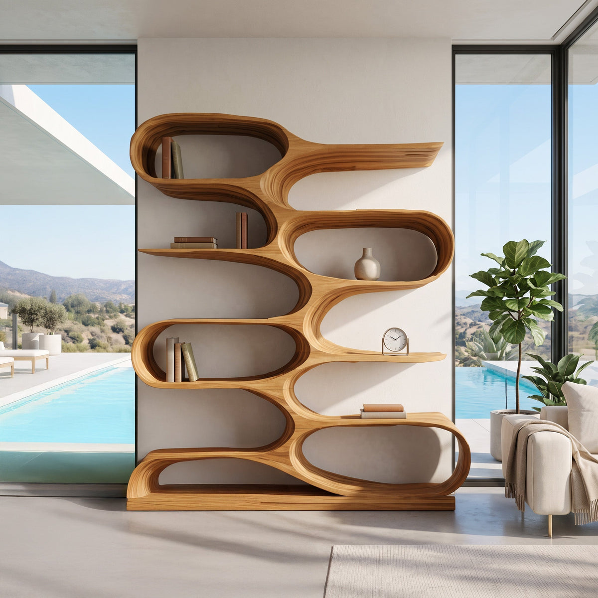 Organic Solid Wood Bookshelf with Wave-Shaped Curved Tiers in Oak finish