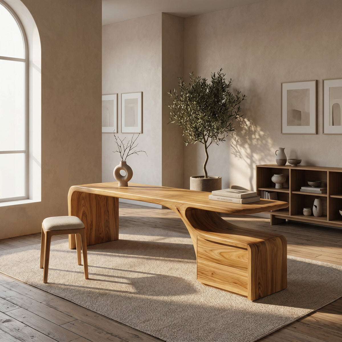 Organic Solid Wood Desk with Curved Drawer Base for Home Office in Oak finish