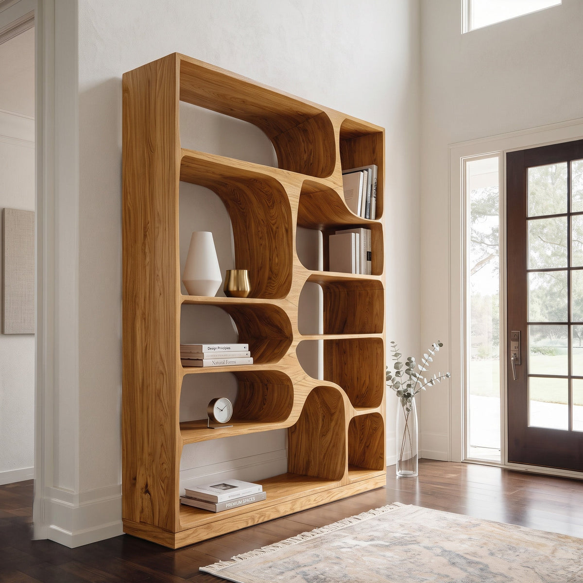 Sculptural Solid Wood Bookcase with Curved Asymmetric Compartments in Oak finish
