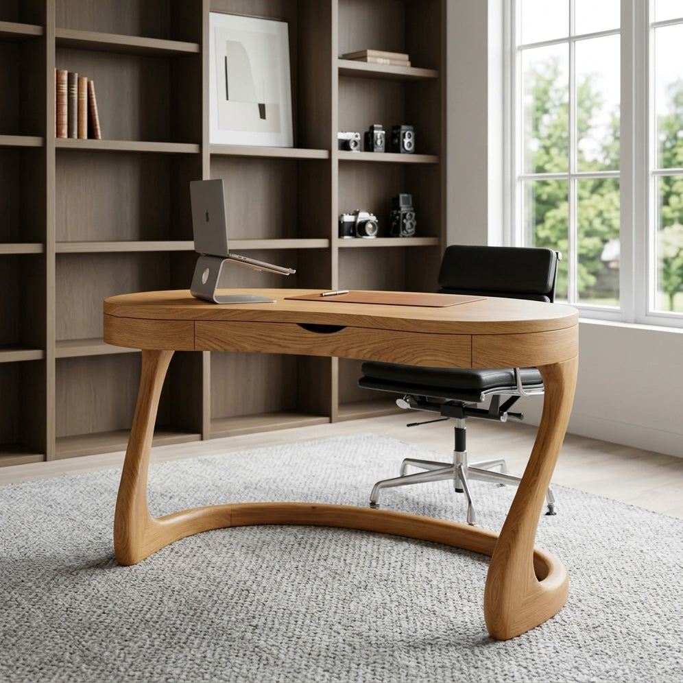 Sculpted Solid Wood Desk with Drawers for Minimalist Home Office in Oak finish